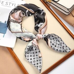 Designer Monogram & Chain Print Silk-Feel Square Scarf